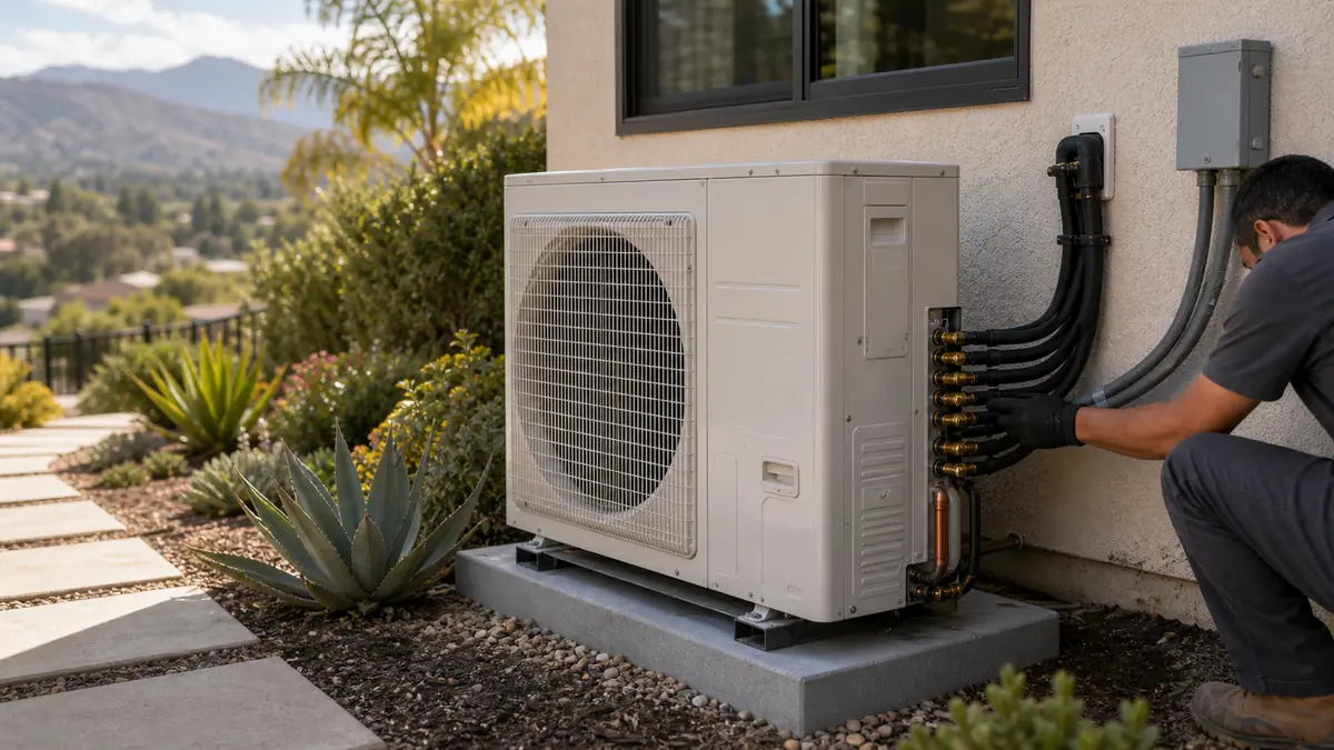 Mitsubishi MXZ-SM multi-zone outdoor unit on a Pomona, CA two-story home