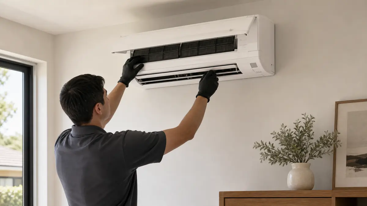 Mitsubishi MSZ wall-mount mini-split head in a Pomona, CA bungalow